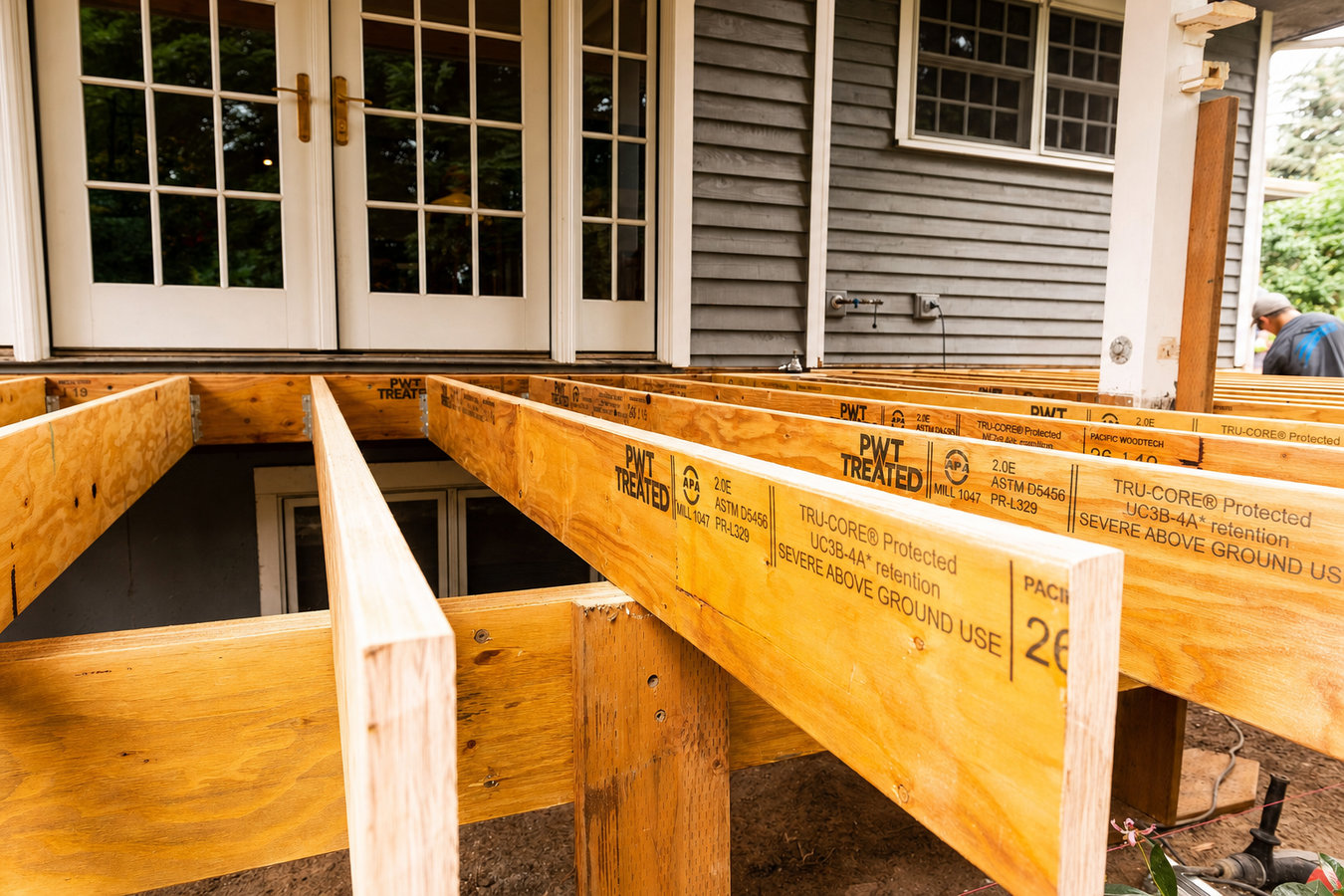 Pressure-treated wood deck construction